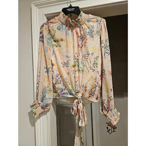 Floral Print Long Sleeve Blouse with Tie Front Size Small